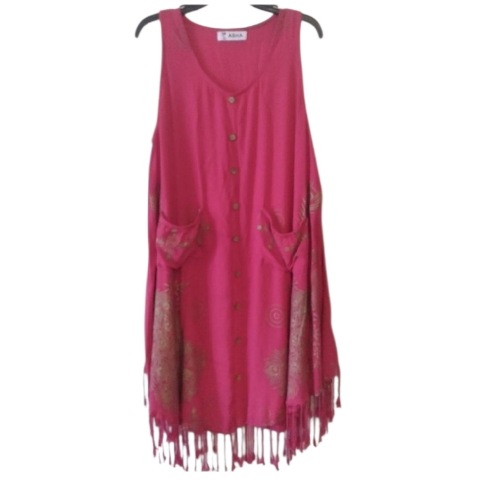 NWOT Asha Fuchsia Sleeveless Fringe Trapeze Dress With Pockets - Picture 3 of 12
